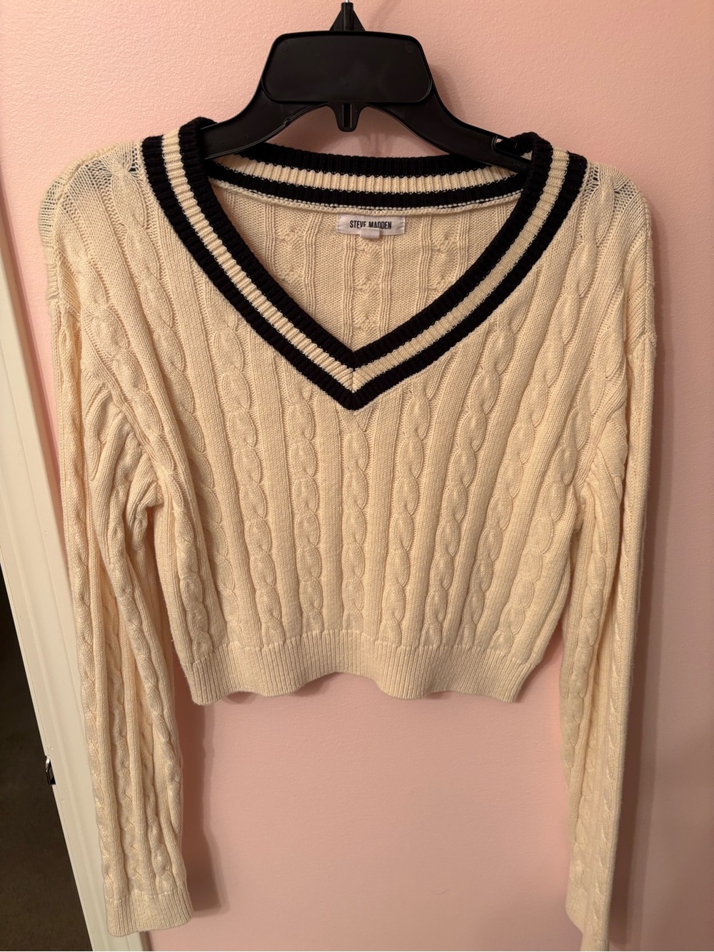 Steve Madden Cream Cable Knit V-Neck Amika Sweater with Black Trim